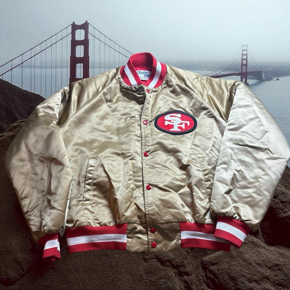 VINTAGE 1990s SAN FRANCISCO 49ERS NFL CHALK LINE SATIN BOMBER JACKET MENS LARGE